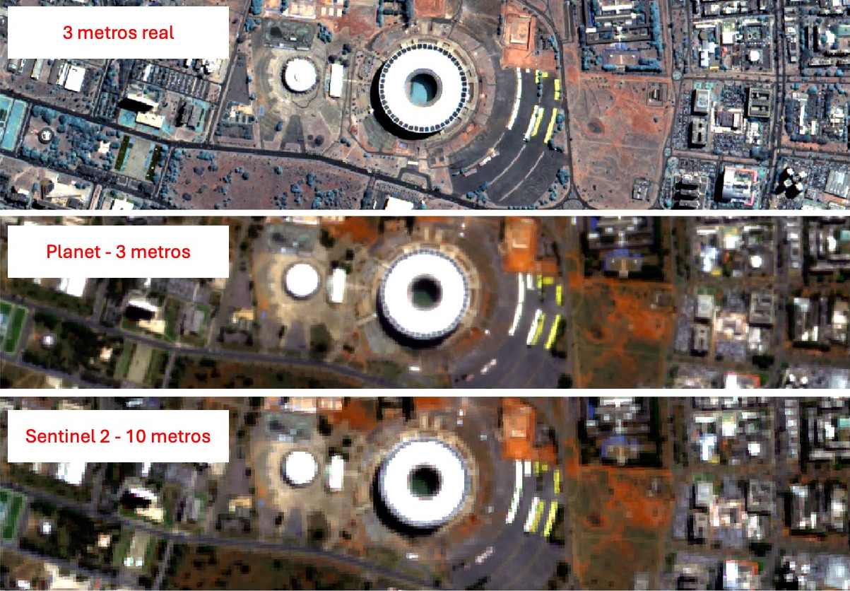 A PlanetScope é 3 m no arquivo. No chão, a mancha é de 10 m.